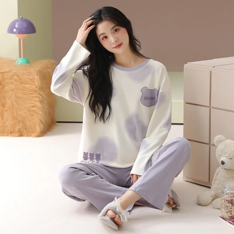 Pure cotton pajamas for women, long-sleeved trousers, can be worn outside, pure cotton home clothes, Class A antibacterial 100%