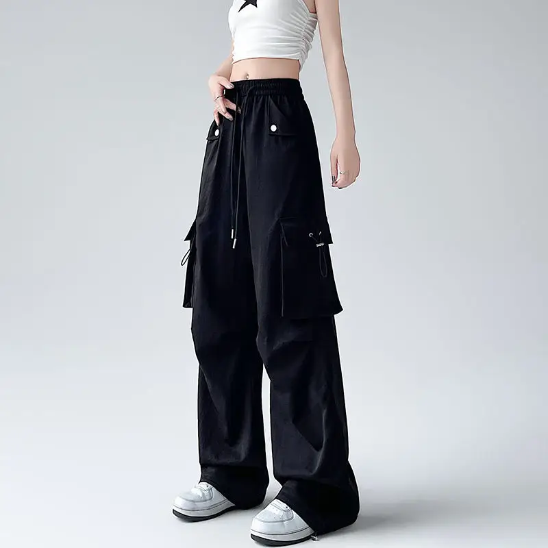 New Chinese Style 2024 Women's Spring Autumn Spliced Elasticized High-waisted Drawstring Pocket Fashion Solid Loose Casual Pants