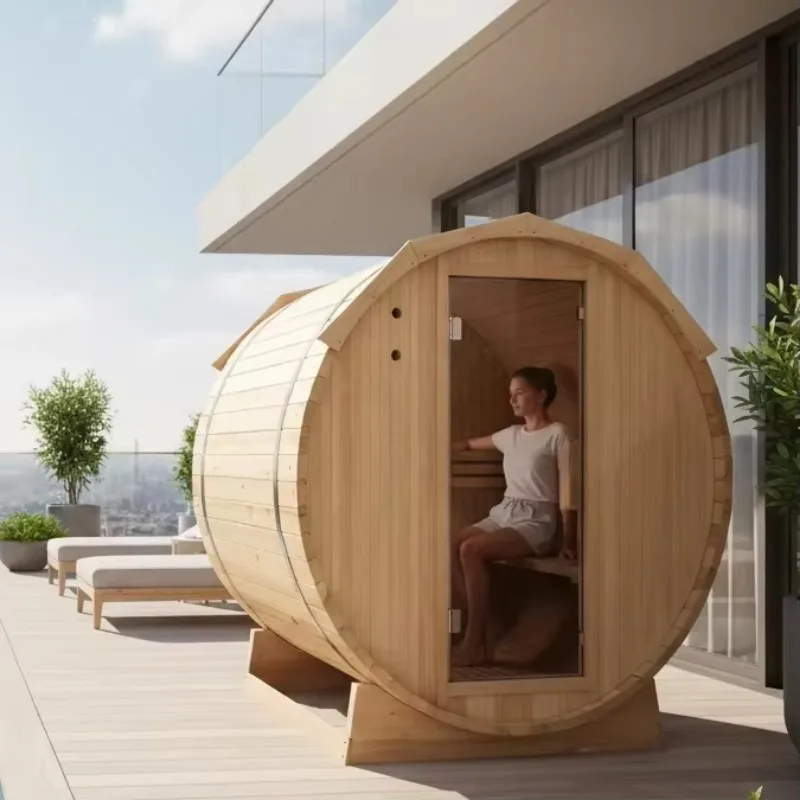 8-Person Barrel Outdoor Sauna With Computer Control Panel 9kw Power Hemlock Solid Wood For Health And Relaxation-for Villas