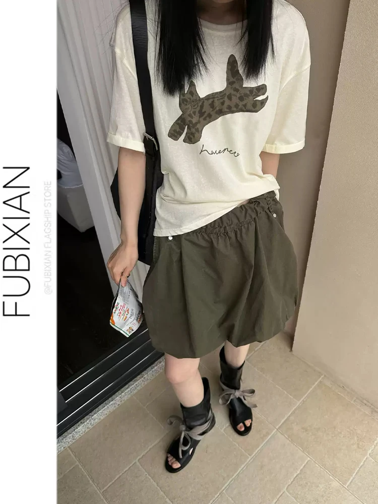 Retro Military Green Elastic Waist Flower Bud A-Line  Skirt Women's Versatile Slimming Short Skirt Anti-Light Walking