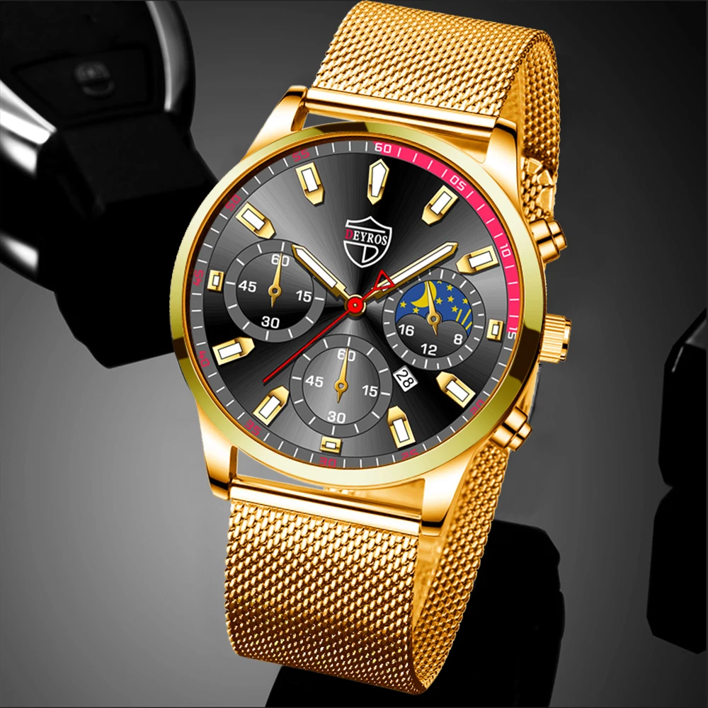 montre homme Mens Watches Luxury Men Business Stainless Steel Mesh Belt Quartz Gold Wrist Watch for Man Leisure Calendar Clock