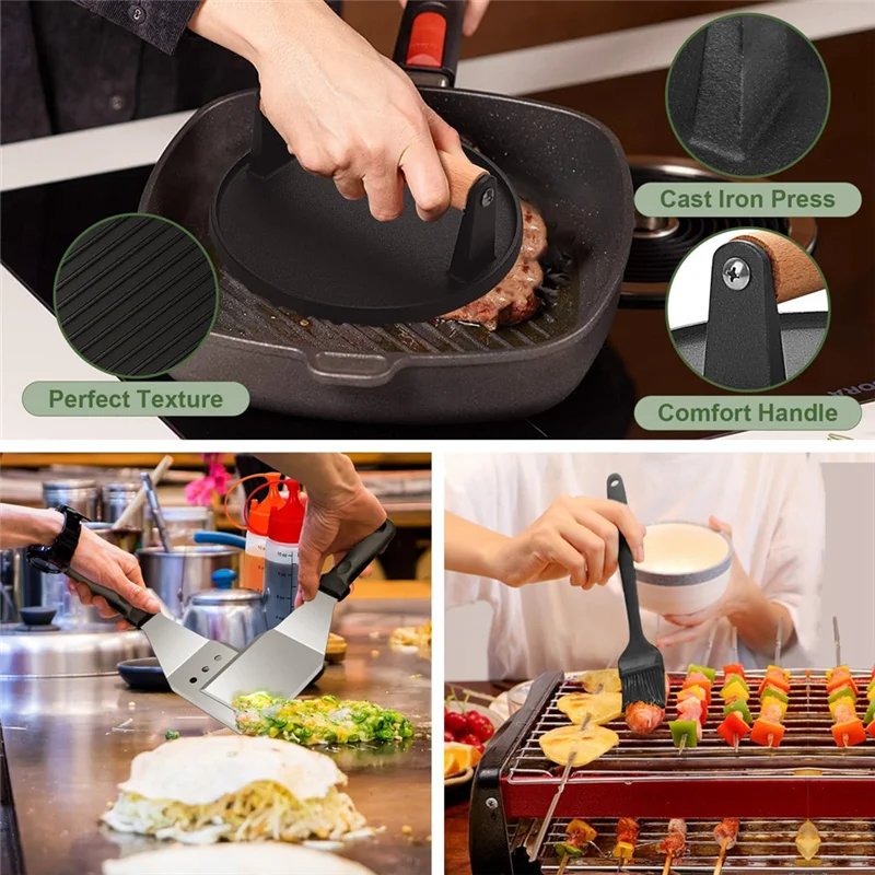 

Flat Top BBQ Accessories Set, BBQ Spatula Set (With Extra Large Spatula), Flat Cover, Outdoor BBQ Spatula