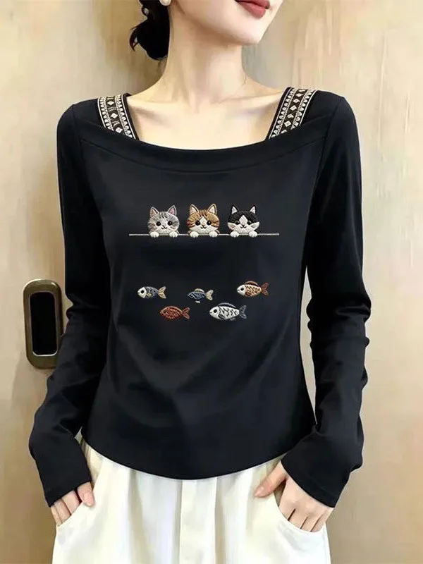 Women's Premium Combed Cotton Square Collar Long Sleeve T-shirt Spring Autumn Unique Fit Casual Print Splice Fashion Top