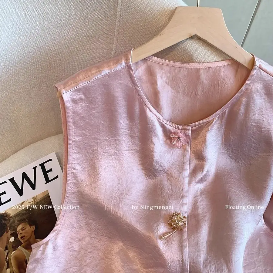 Satin Silk Jacquard Vest Women Lace Patchwork Croptops Retro Chinese Vintage Ethnic Style Sleeveless Tops Oversized