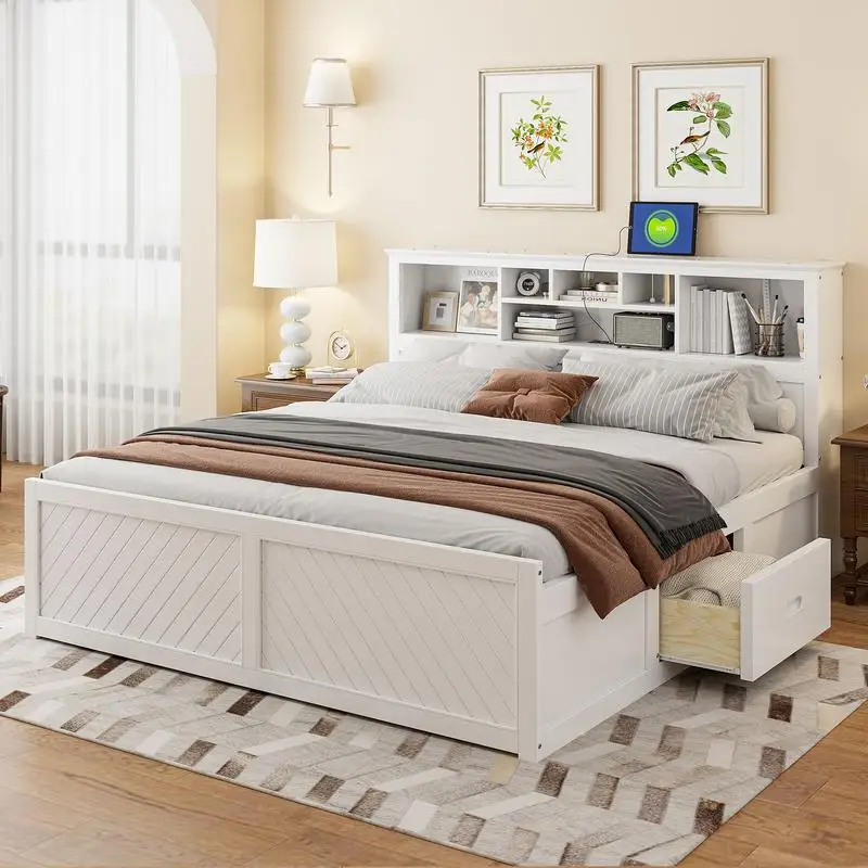 King Size Wood Platform Bed with Multi-storage Headboard, USB Ports, and Drawers in White Finish