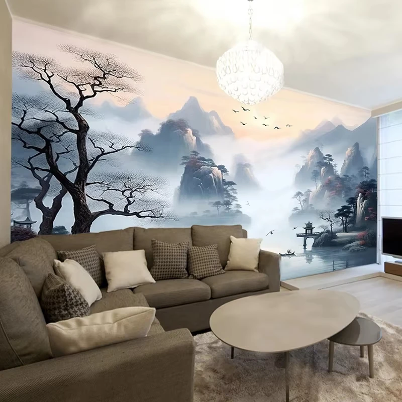 Customized photo wallpaper Chinese Morning Ink Landscape Mural Living Room Bedroom Backdrop Home Decor Papel De Parede ﻿