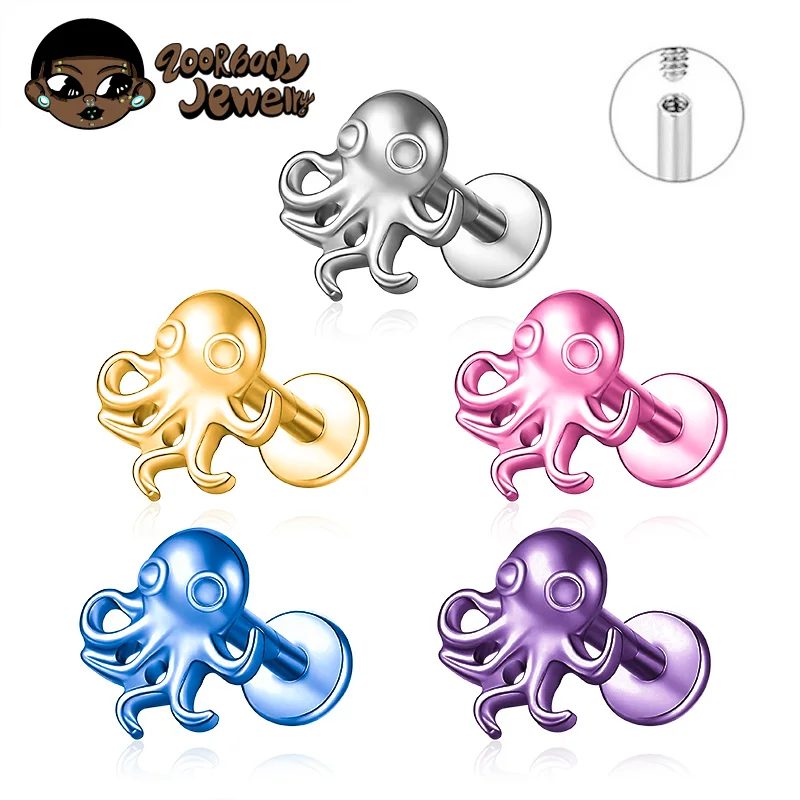 ASTM F136 Titanium Anodized Squid Lab Piercing Ear Helix Tragus Flat Inner Thread Labret Ins Earring Nose Body Piercing New
