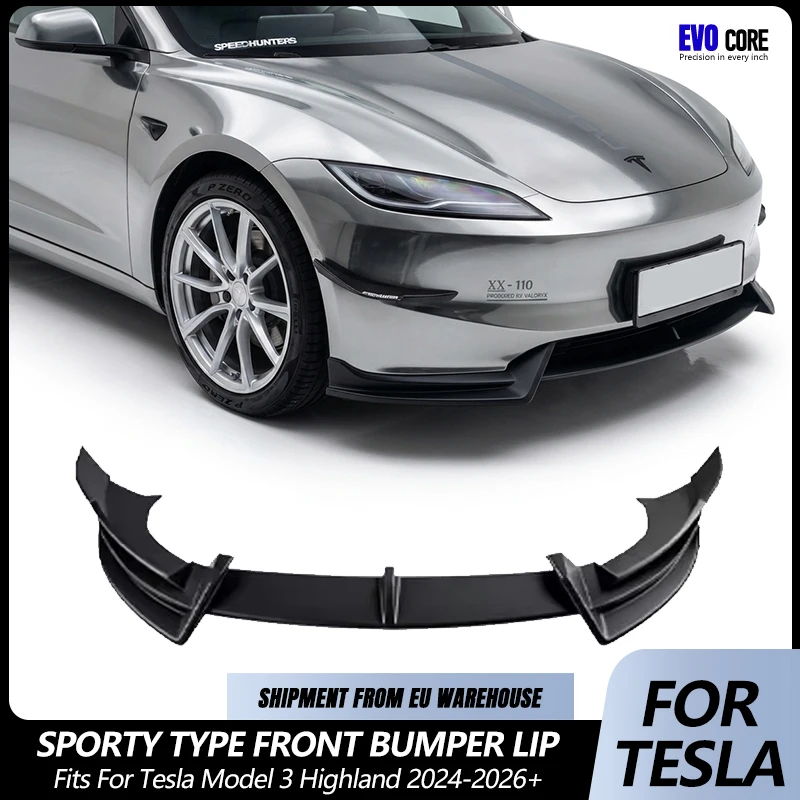 EVOCORE Frontspoiler für Tesla Model 3 Highland 2024-2026, ABS Sport Frontstoßstangen-Splitter Ohne Bohren Auto-Tuning Karosserie-Kit Zubehör