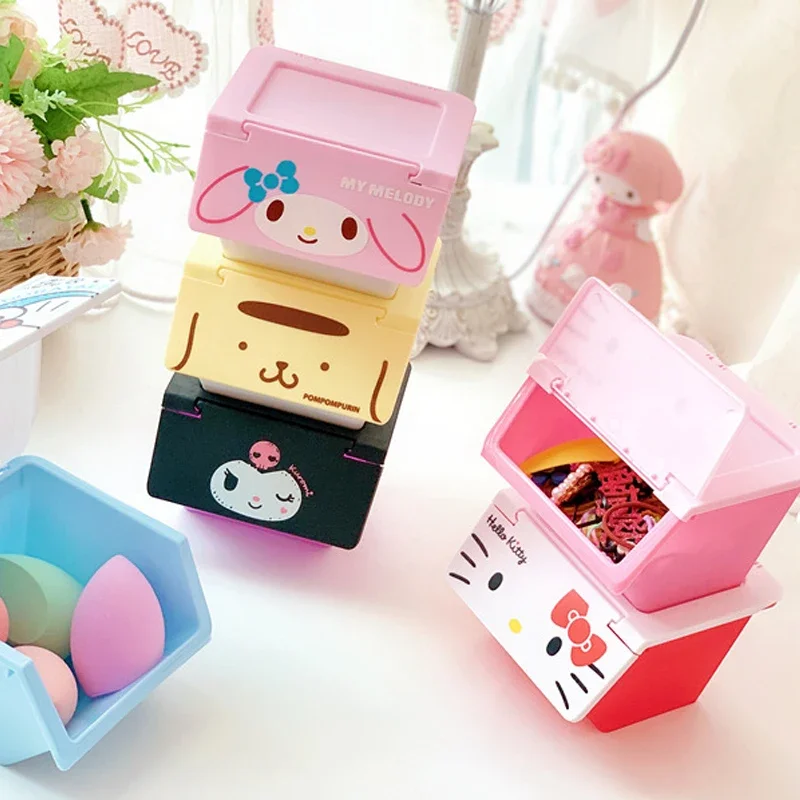 Hello Kitty Desktop Storage Box Cartoon pieghevole Cover scatola di plastica per rossetto cosmetici gioielli Cotton fioc Organizer regali