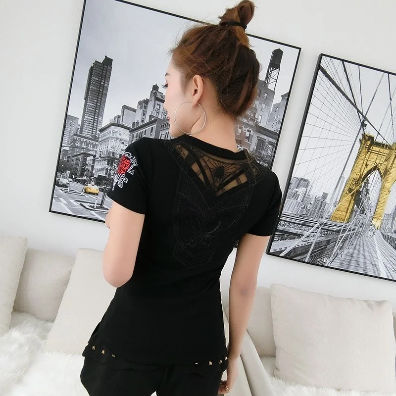 #5109 Zwarte Streetwear T-Shirt Vrouwen V-Hals Bloem Diamanten Sexy Uitgehold T-Shirt Met Korte Mouwen Femme Zomer Basic Dames T-Shirt