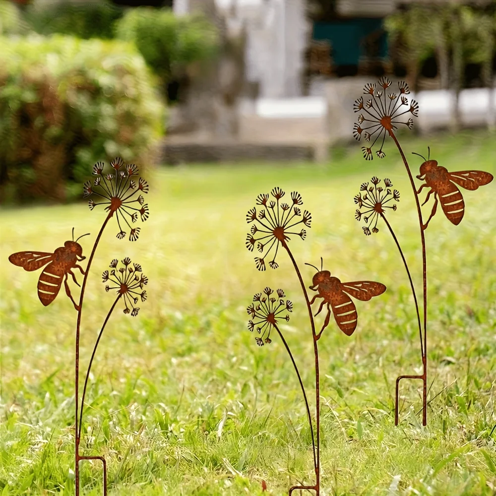1Pc/2Pc/3Pc Rusty Dandelion and Bee Metal Ground Stakes, Suitable for Courtyard, Terrace, Garden, Outdoor Lawn Decoration, Natural Landscape Embellishment, 2D Flat Design