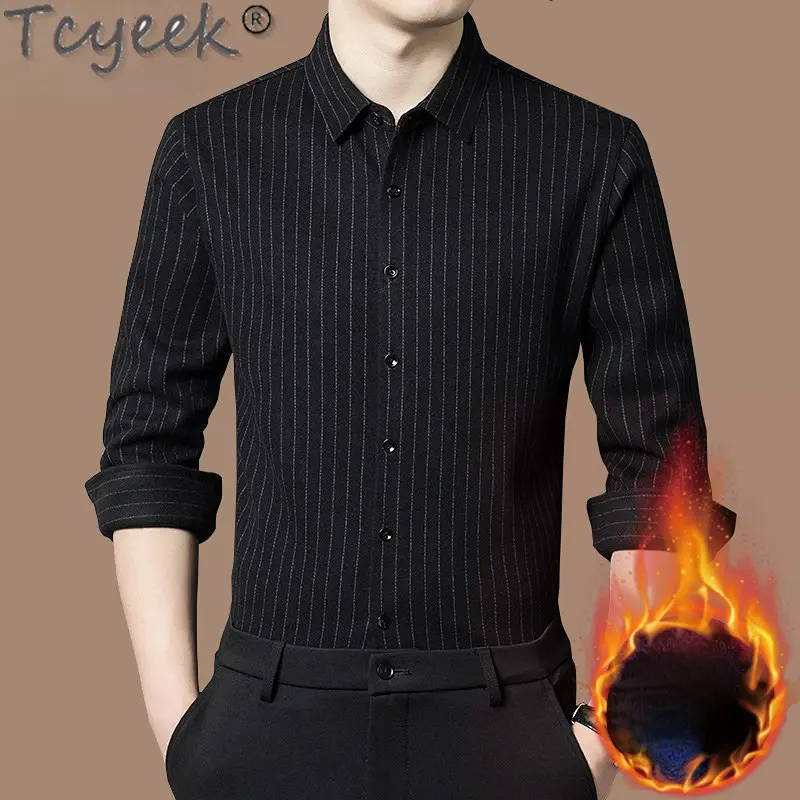 

Tcyeek Wool 100% Long Sleeve Shirt for Men 2023 Winter Plush Thick Striped Shirts Iron-free High-end Wool Shirts Men's Clothing