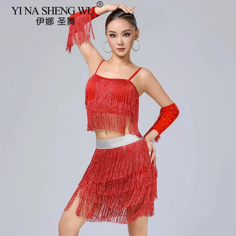 Ladies' Latin Dance Dress Adult Dance Dress Salsa Samba Dance Competition Tassel Dress Sexy Party Set with Sleeved Tassel Skirt