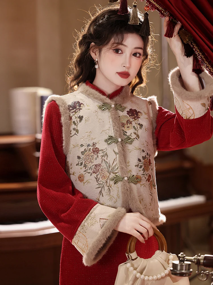 

Red Vest Chinese Sle New Year Visit Costume Winter Wedding Dr Long Slit Low Cut Bal Embroidered