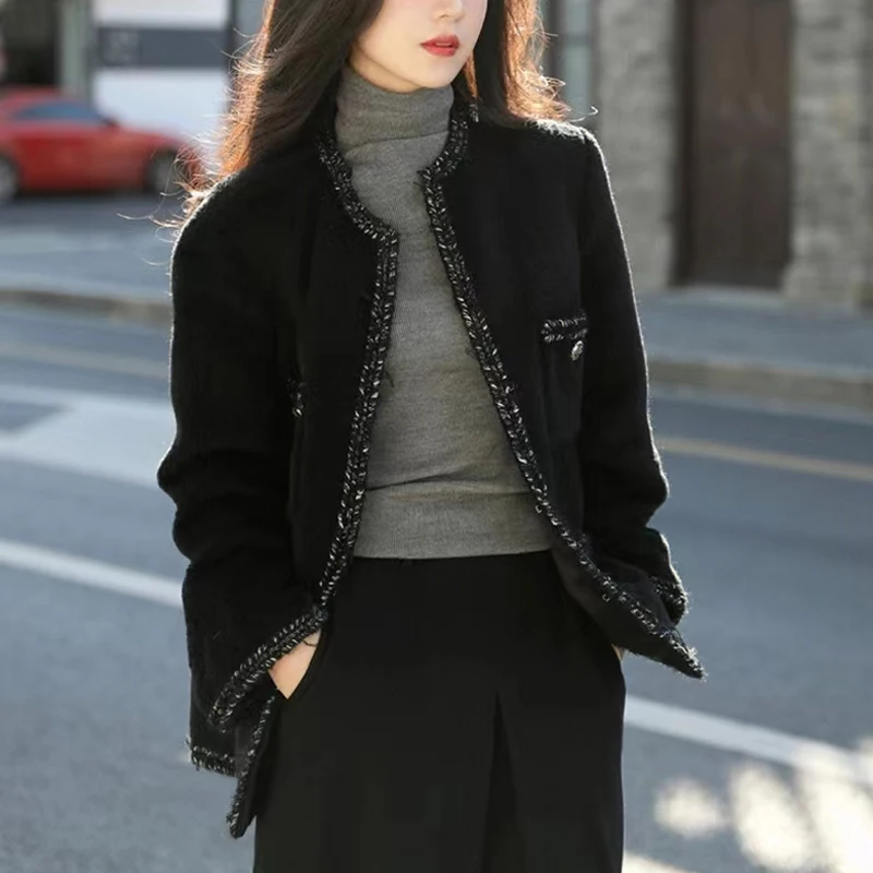 Autumn Winter Tweed Padded Short Jacket Women Thick Warm Coat Casual Long Sleeve Patchwork Elegant Plus Size M-4XL Black Clothes