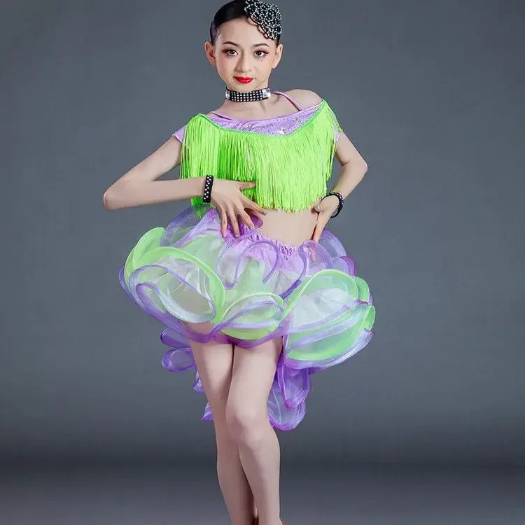 子供用タッセル付き、子供向けプロフェッショナル・ラテンダンスドレス、競技用、発表会用、練習用、ラテンダンスドレス。