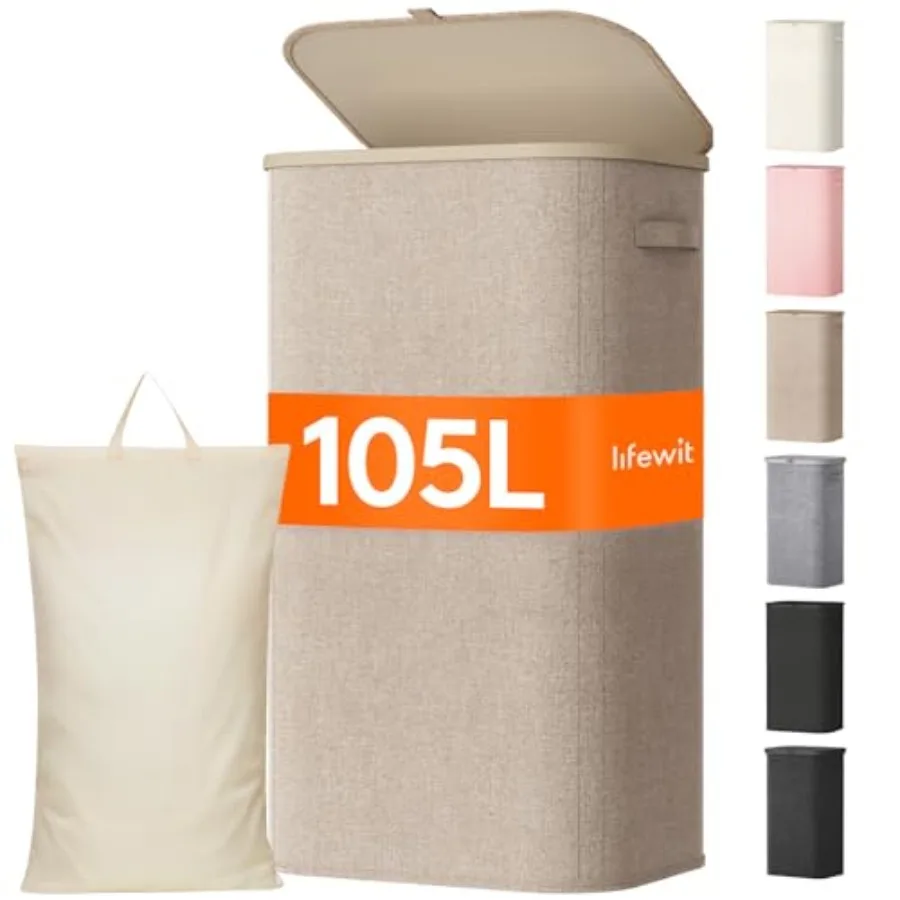 

105L Large Laundry Basket with Lid Laundry Hamper with Plastic Handles and Removable Bag Foldable Tall Dirty Clothes Hampers fo