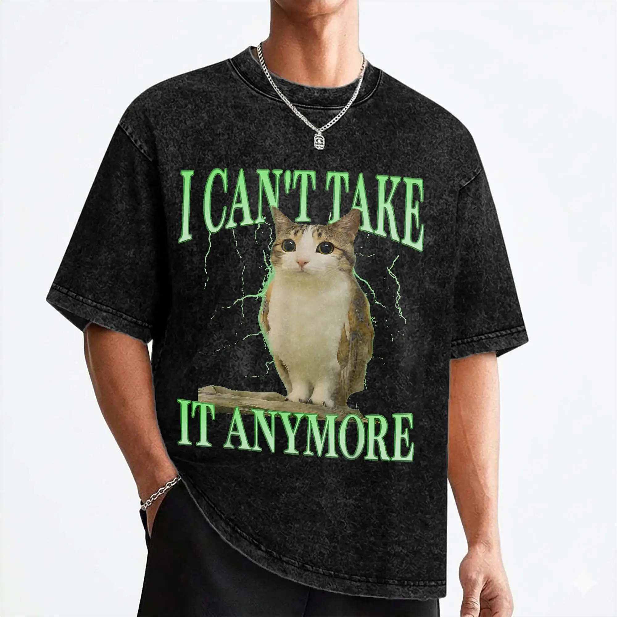 Funny Meowl I Can't Take it Anymore Cat Owl T Shirt Washed Cotton Street T-Shirt for Men Women Streetwear Printed Tops Tees