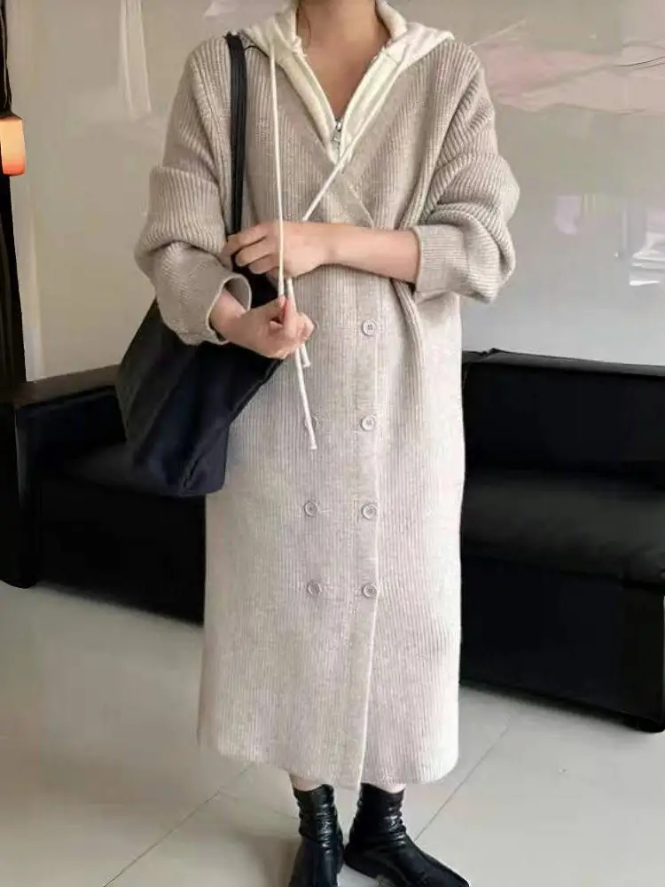 

Korean Women's Patchwork Single Breasted Elegant Hooded Zipper Sweater Autumn Winter Long Sleeves Knit Versatile Cardigan Tops