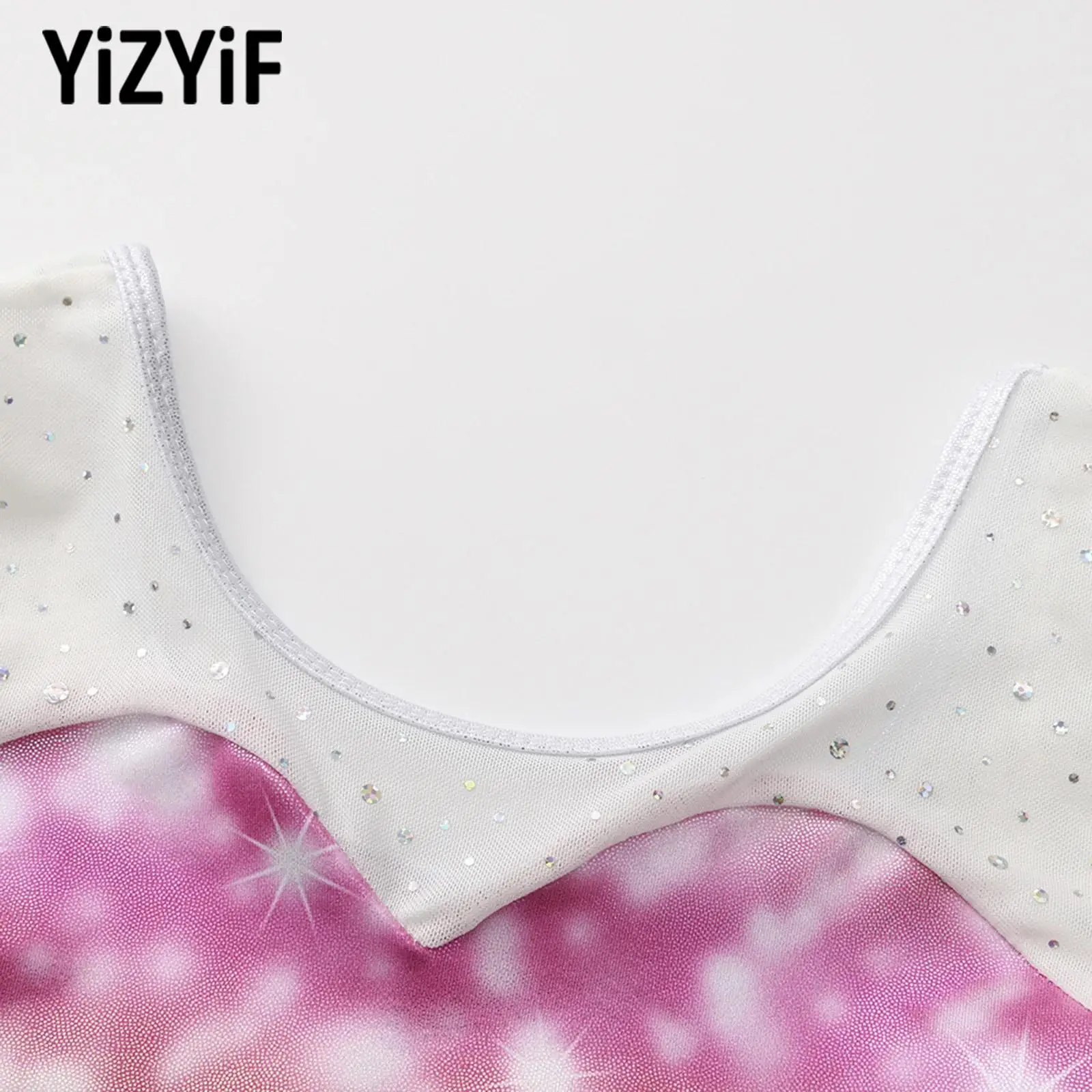 Kids Girls Gymnastics Dance Performance Outfit Round Neck Long-sleeve Rhinestone Mesh Leotard with Metallic Shorts and Hairband