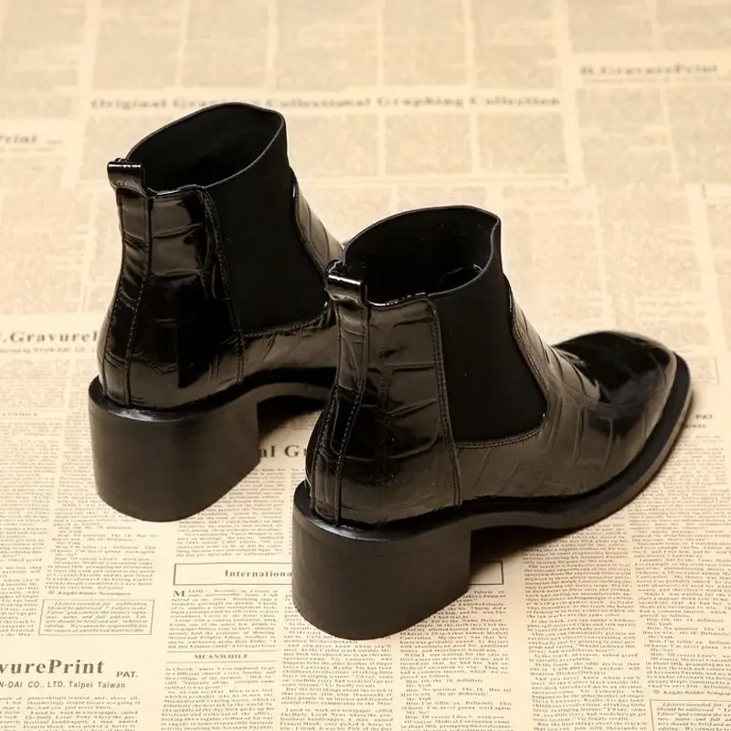 Women Round Toe Block Low Heel Chelsea Boots Black Slip On Patent Leather Ankle Boots Comfortable Non-slip Shoes