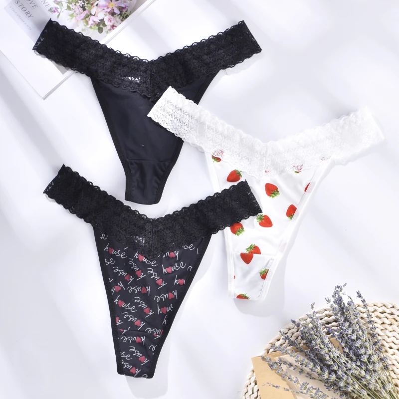 3PCS/set plus size women's ice silk sexy lace women's thong cool, breathable and comfortable silky underwear 1XL-4XL printed cut