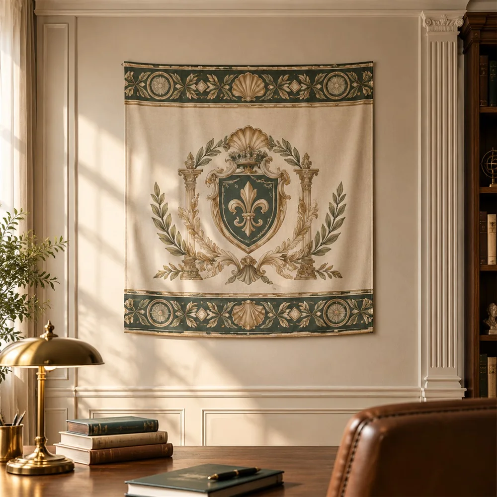 VIKAMA Geometric Crest Motif Twin Bands Tapestry Wall Hanging, Neoclassical Wall Decor Tapestries for Living Room Bedroom Office