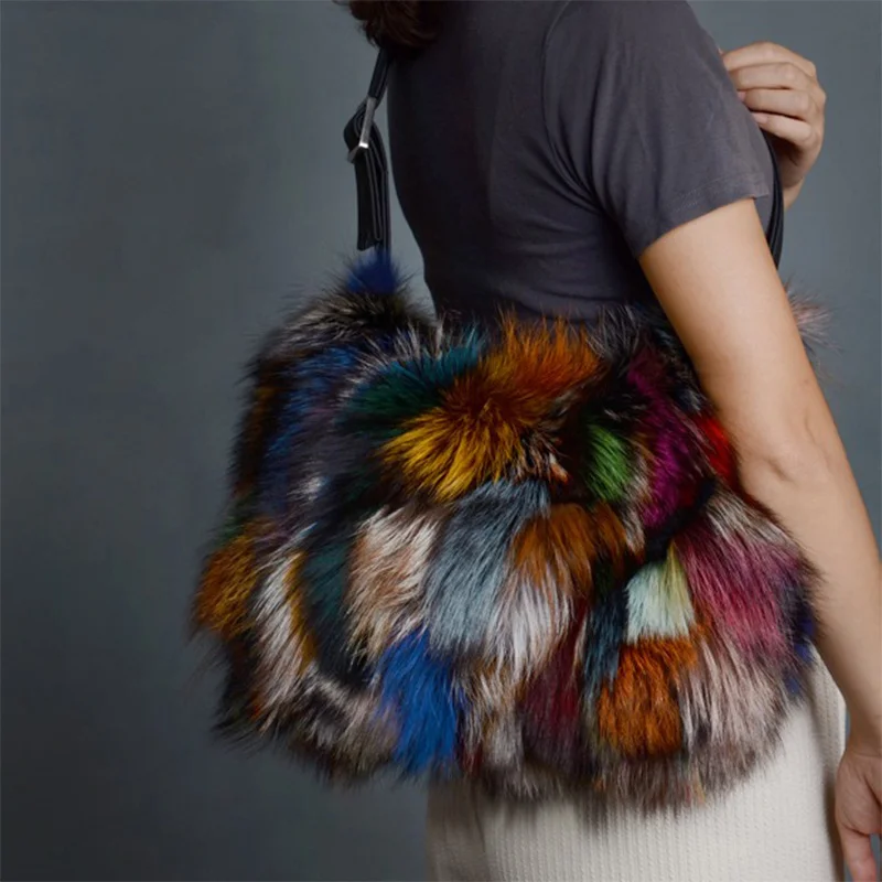 2023 New Fashion Korean Women's Shoulder Bag Luxury Colorful Fox Fur Large Capacity Underarm Bag Casual Fluffy Real Fur Handbag