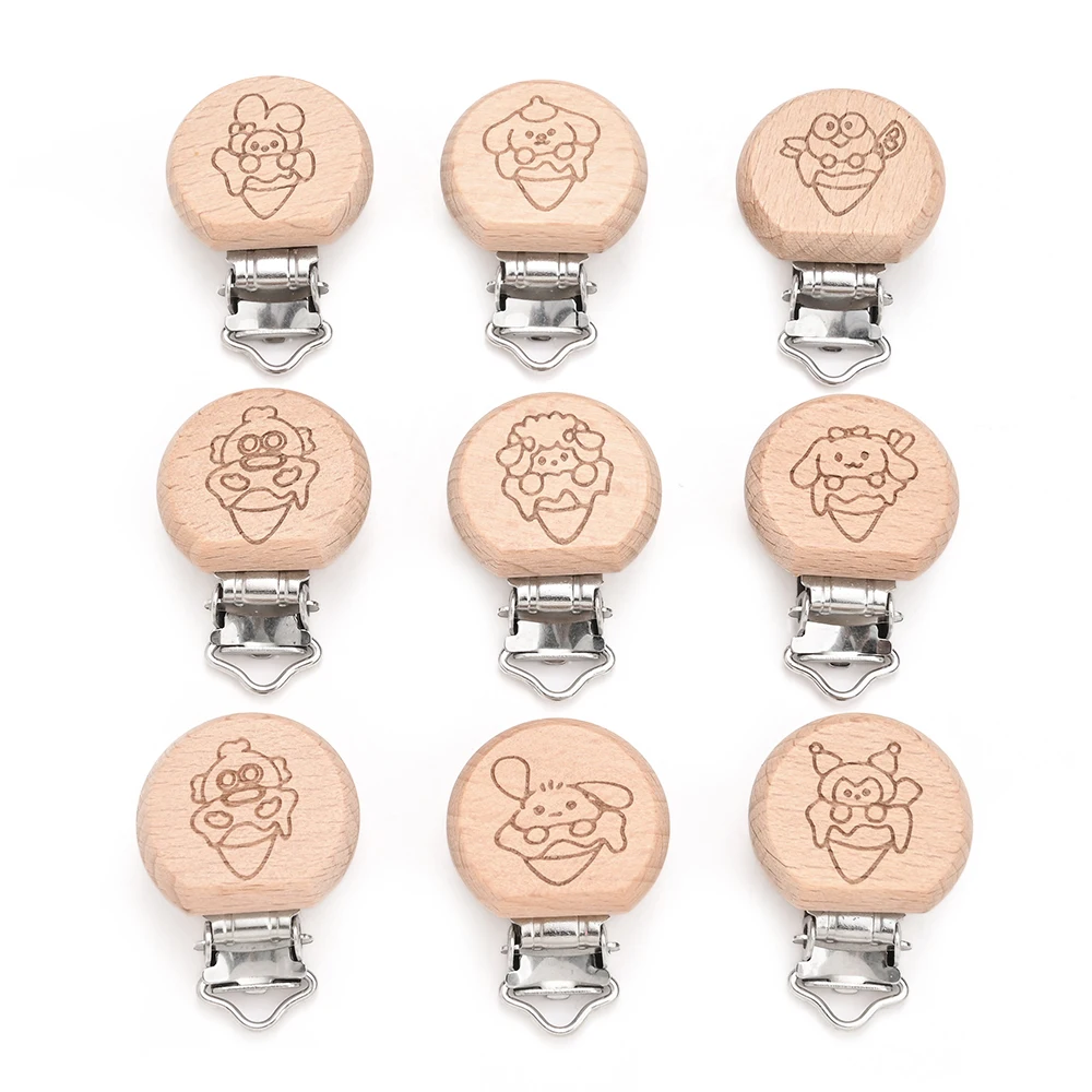 

9Pcs/Lot 30mm Sanrio Beech Wooden Clips Metal Bracket for Handmade Food Grade Baby Pacifier Clips Chain Holder Accessories