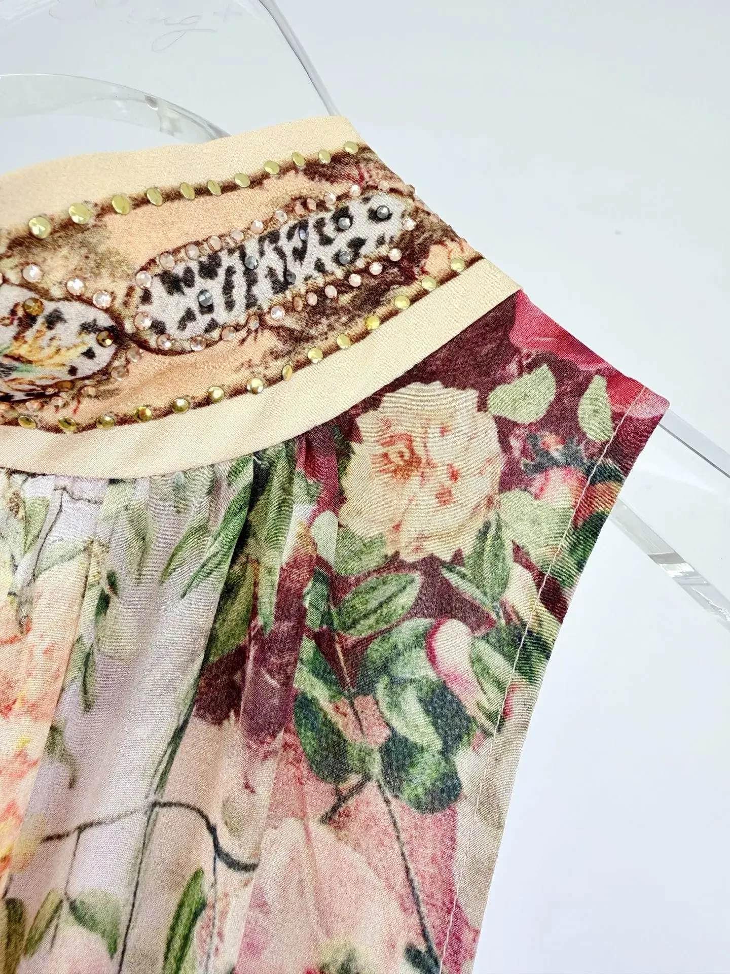 Retro Floral Print Frauen Maxi Kleid Kristall Perlen Band Stehkragen Ärmellose Spitze-up Taille Elegante Damen 100% seide Robe