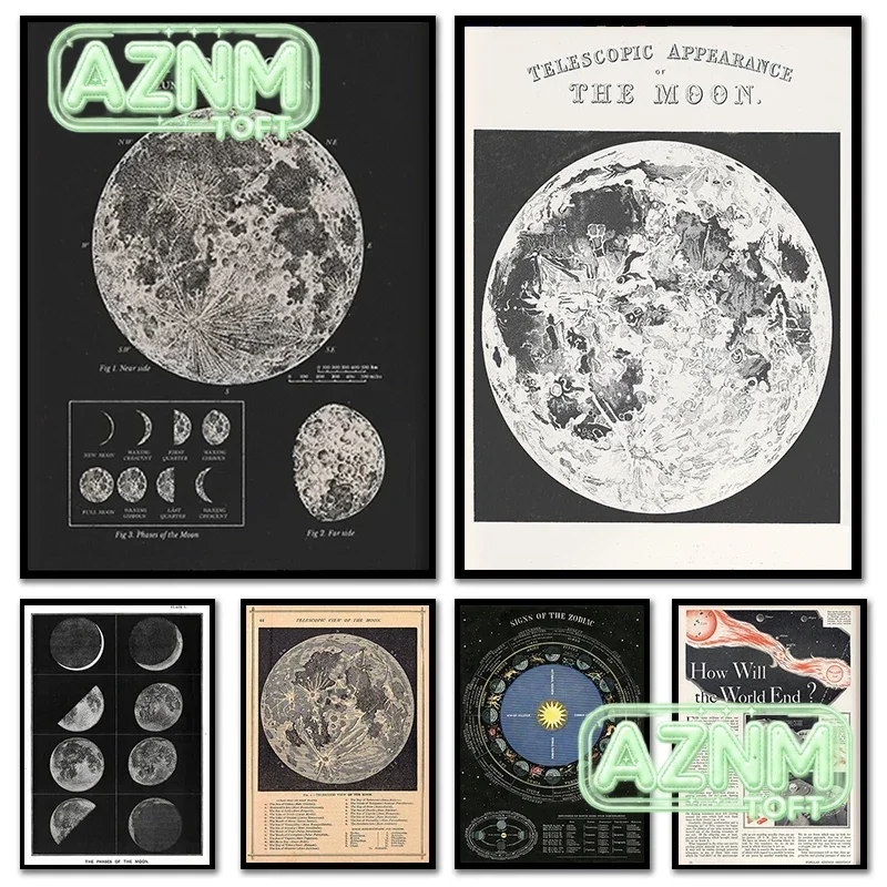 Vintage Moon Astronomy Poster Scientific Chart Art Print Rustic Home Room Decor Celestial Wall Art Moon Map Astronomy Art Gif