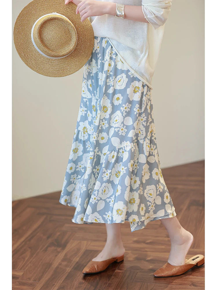 

Синяя шелковая юбка с принтом, с завышенной талией, приталенная, с эффектом распущенных оборок, из двойного шелка, натуральный шелк, повседневная...