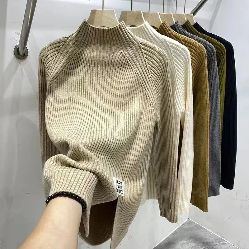 2024 Women Solid Half High Collar Cashmere Sweater Autumn Winter Loose Plus-Size Knitted Wool Casual Sweater Bottoming Shirt