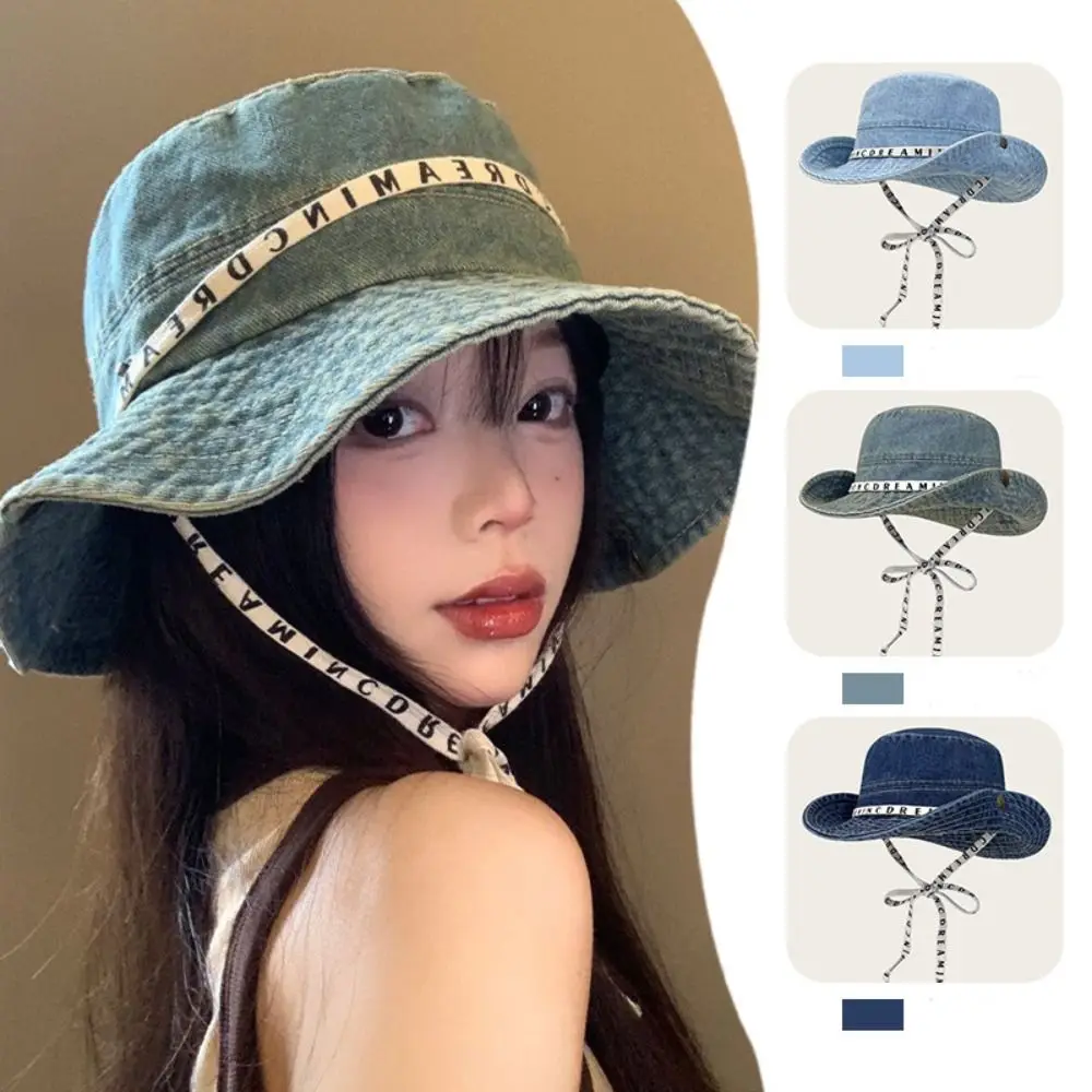 

Fashion Big Brimmed Denim Bucket Hat Letter Wide Wings Jeans Fisherman Hat Sunscreen Korean Style Sunscreen Hat Girls