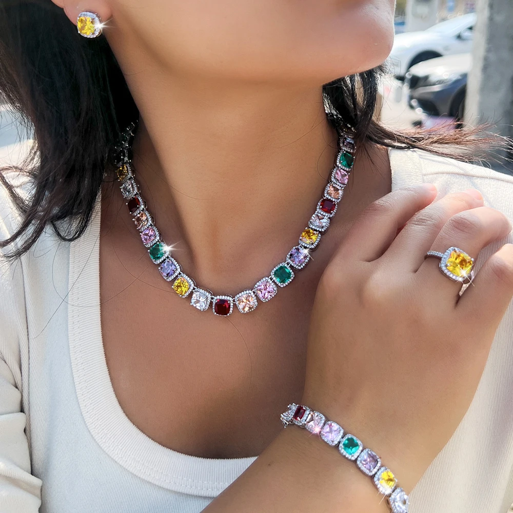 ThreeGraces 4pcs Luxury Multicolor Zirconia Tennis Necklace Earrings Ring Bracelet Wedding Bridal Jewelry Set for Women T1202