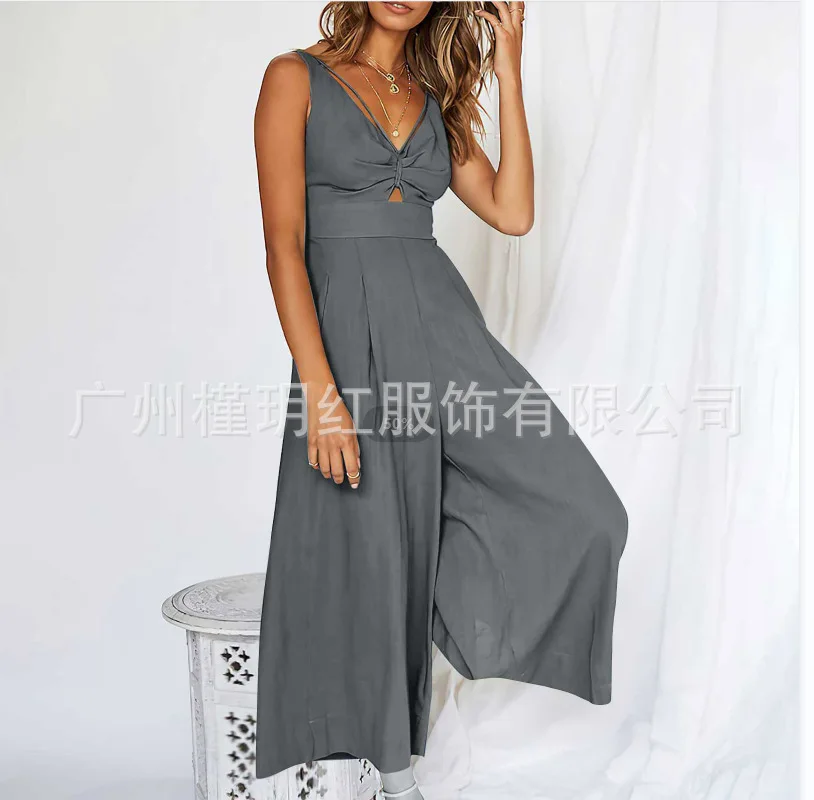 One Piece Women Solid Jumpsuits Sleeveless V Neck Hollow Out Rompers Wide Leg Long Pants Overalls Loose Casual Regular 2024