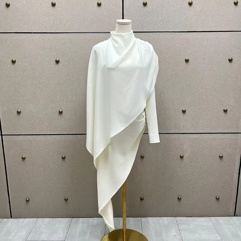 

Women's Asymmetrical Double-Layer Top Casual Versatile Long-Sleeve Shirt High-Neck Shawl Collar Top 2026 Spring New Arrival Y2K