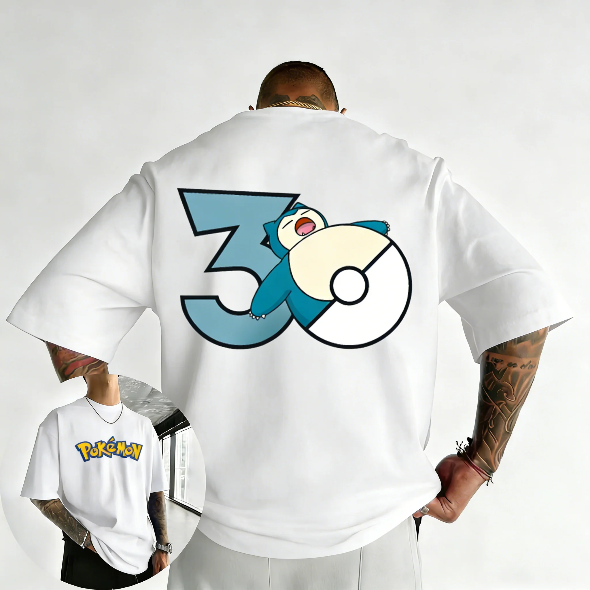 2026 Pokémon 30th Anniversary Snorlax Printed T-shirt Summer Men's and Women's Trendy Large Loose Casual Y2K Short Sleeve Top
