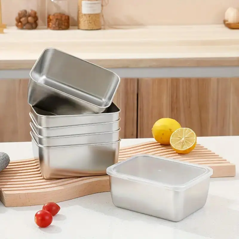 Stainless Steel Food Storage Serving Trays Rectangle Sausage Noodles Fruit Dish with Cover Home Kitchen Organizers FoodContainer