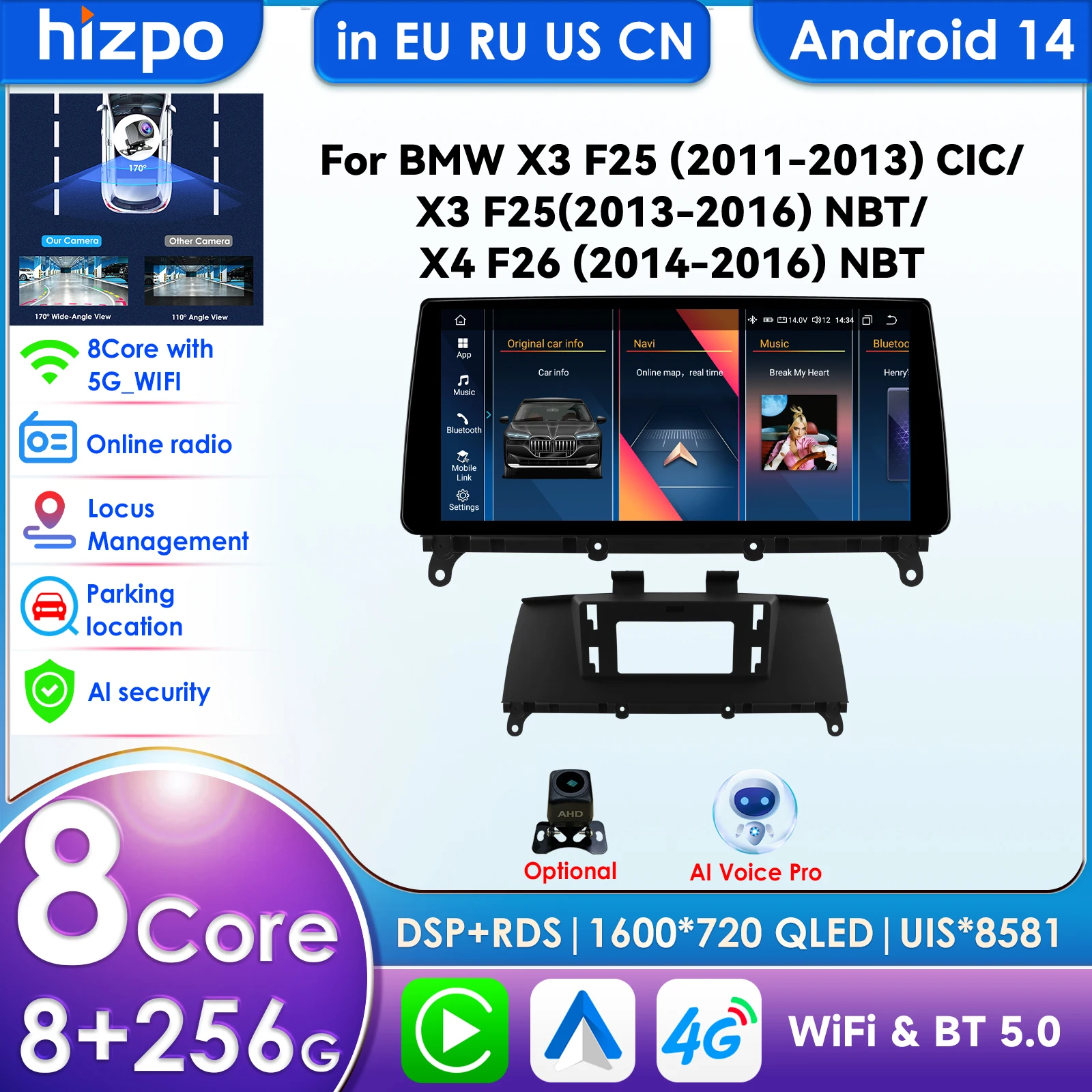 Radio para Auto con Sistema Android Auto y CarPlay de 10.33 Pulgadas y 7862 AI Systems para BMW X3 F25 CIC NBT para BMW X4 F26 NBT Reproductor Multimedia GPS Estéreo