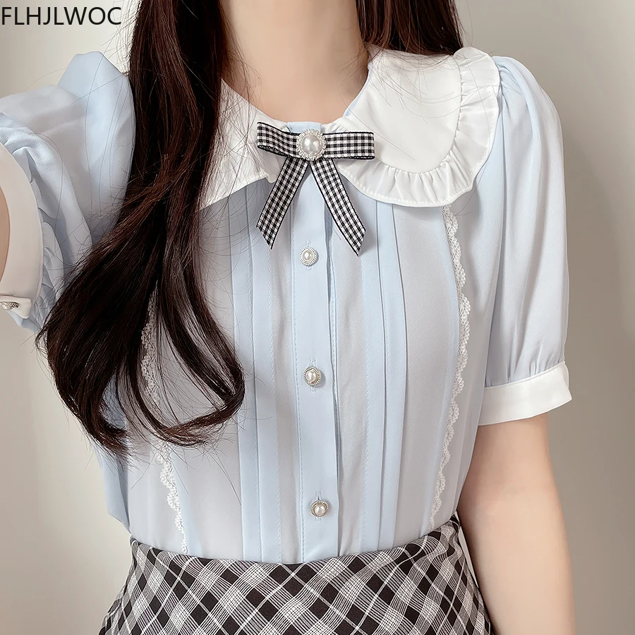 Cute Sweet Girls Japan Korea 2022 Woman Ribbon Bow Tie Retro Vintalge Top Blusas Light Blue Ruffles Lace White Button Shirts