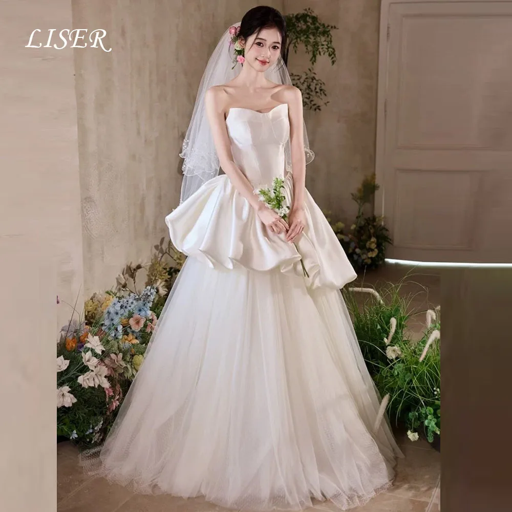 Liser Sweetheart Korea A-Line Sleeveless Satin Tulle Wedding Dresses 웨딩드레스 Simple Ivory Customized Pretty Bride Gowns