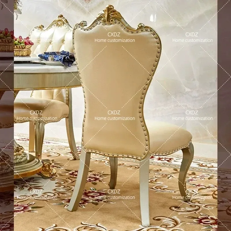Luxury Solid Wood Carved Leather Dining Chair Champagne Gold Oak Frame High Back Restaurant Hotel Furniture Elegant European