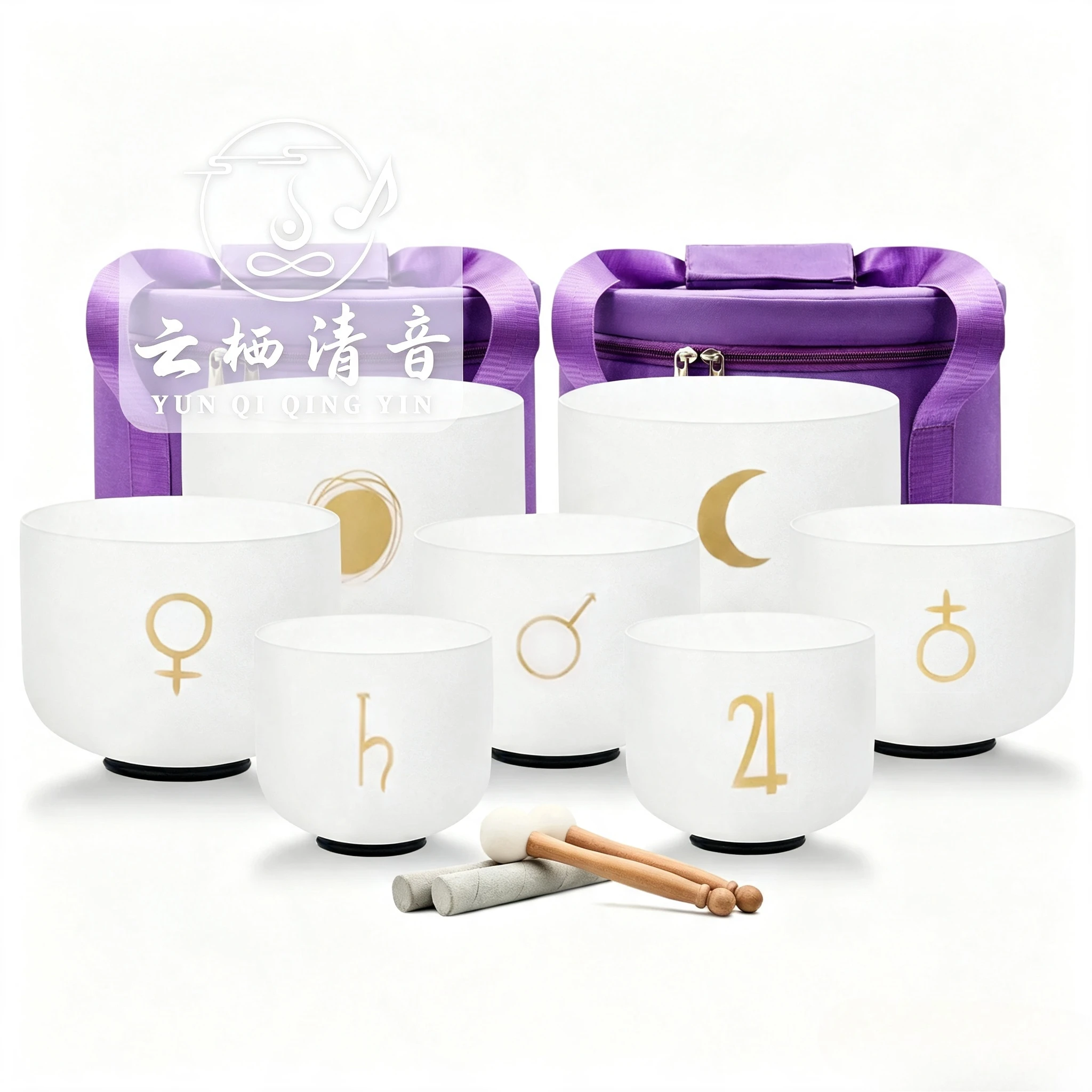 YUN QI QING YIN 7 To 12 Inch Seven Pieces Planetary Saturn Moon Crystal Singing Bowl Kit 432Hz 440Hz Optional Frosted Quartz Chakra Relax Sound Bath Therapy Bowl