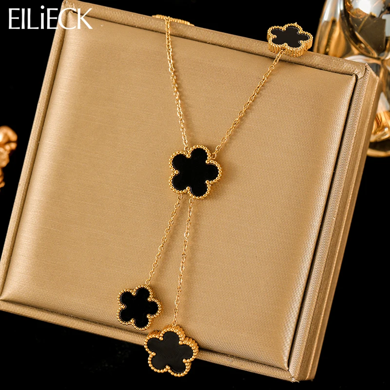 EILIECK 316L Stainless Steel Black Five Leaf Clover Tassel Pendant Necklace For Women Fashion Waterproof Neck Chain Jewelry Gift