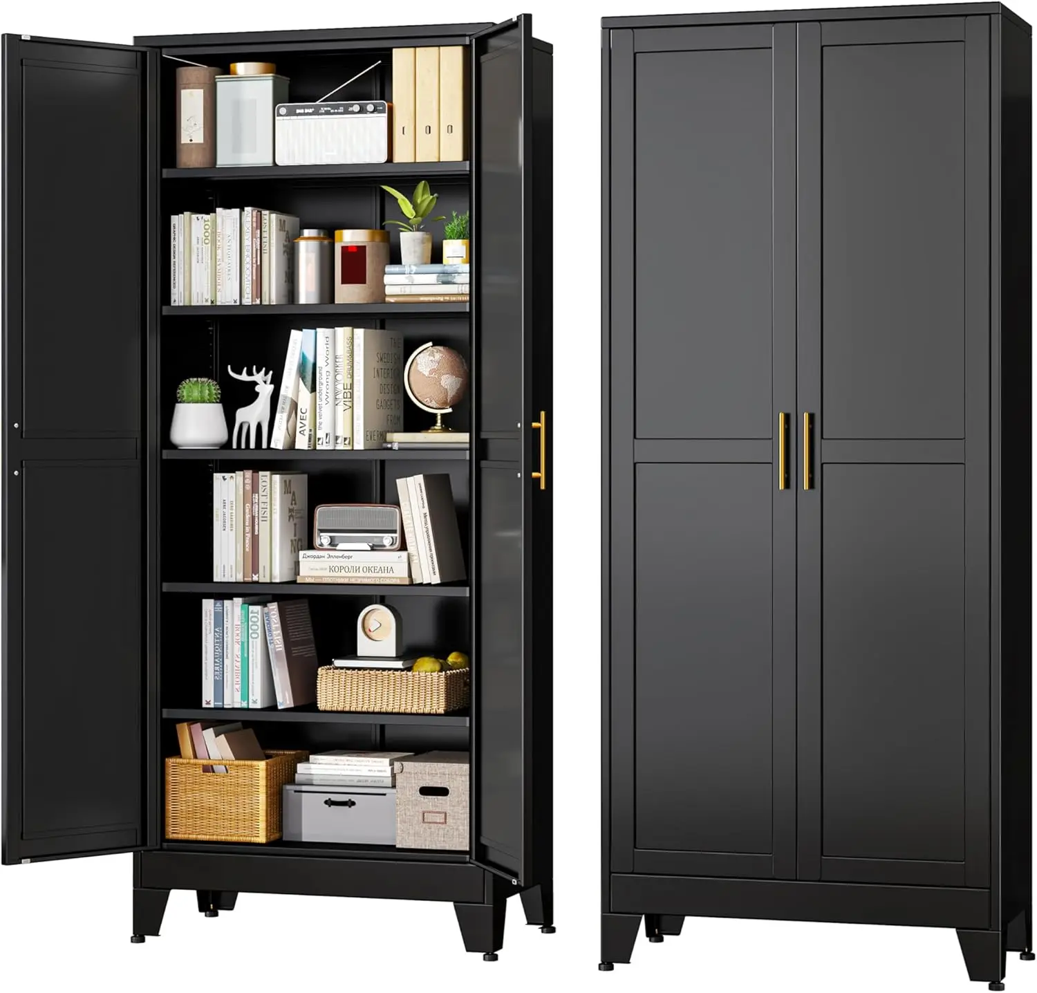 

Black Metal Storage Cabinet,75"" Steel File Cabinet For Home Office, Kitchen Pantry Storage Cabinet With Doors And 5 Adjustable