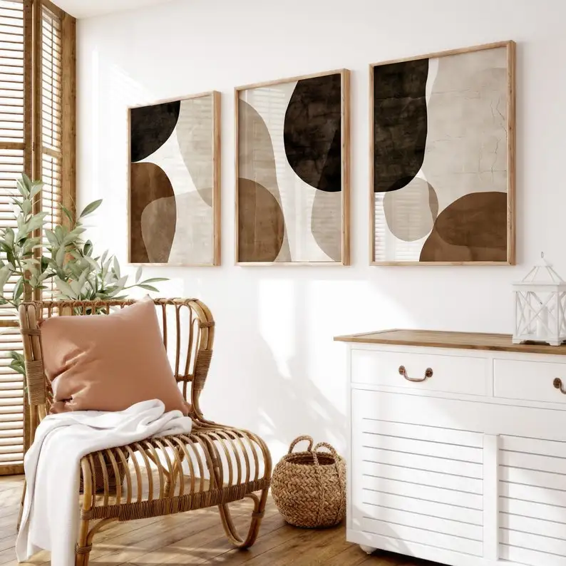 3pcs Abstract Emerald Beige  Organic Shape Canvas Wall Art, Unframed Brown Gallery Wall Decor, Living Room and Bedroom Decortion