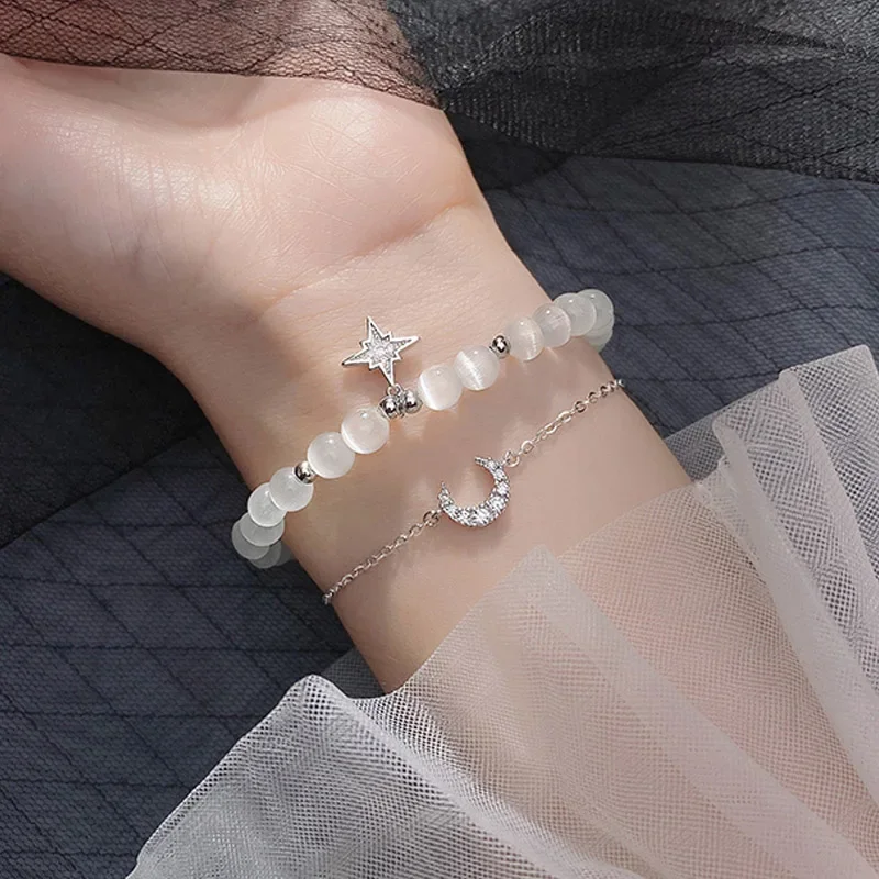 

TrustDavis Genuine 925 Sterling Silver Fashion Sweet Synthetic Opal Moon Star CZ Bracelet For Women Wedding Jewelry Gift DB345