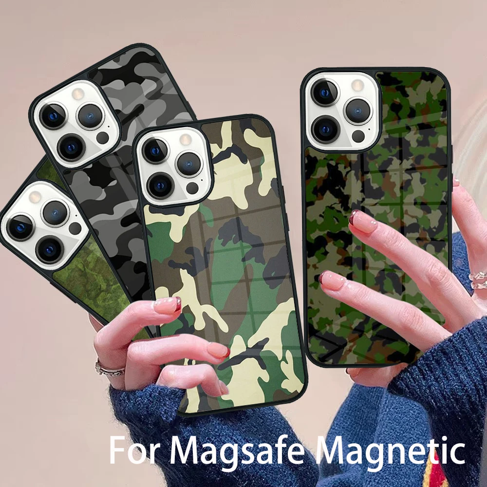 

Green Camouflage Phone Case Magesafe Magnetic Wireless Charge Cover For IPhone 16 11 12 13 14 15 Pro Max Plus Mini