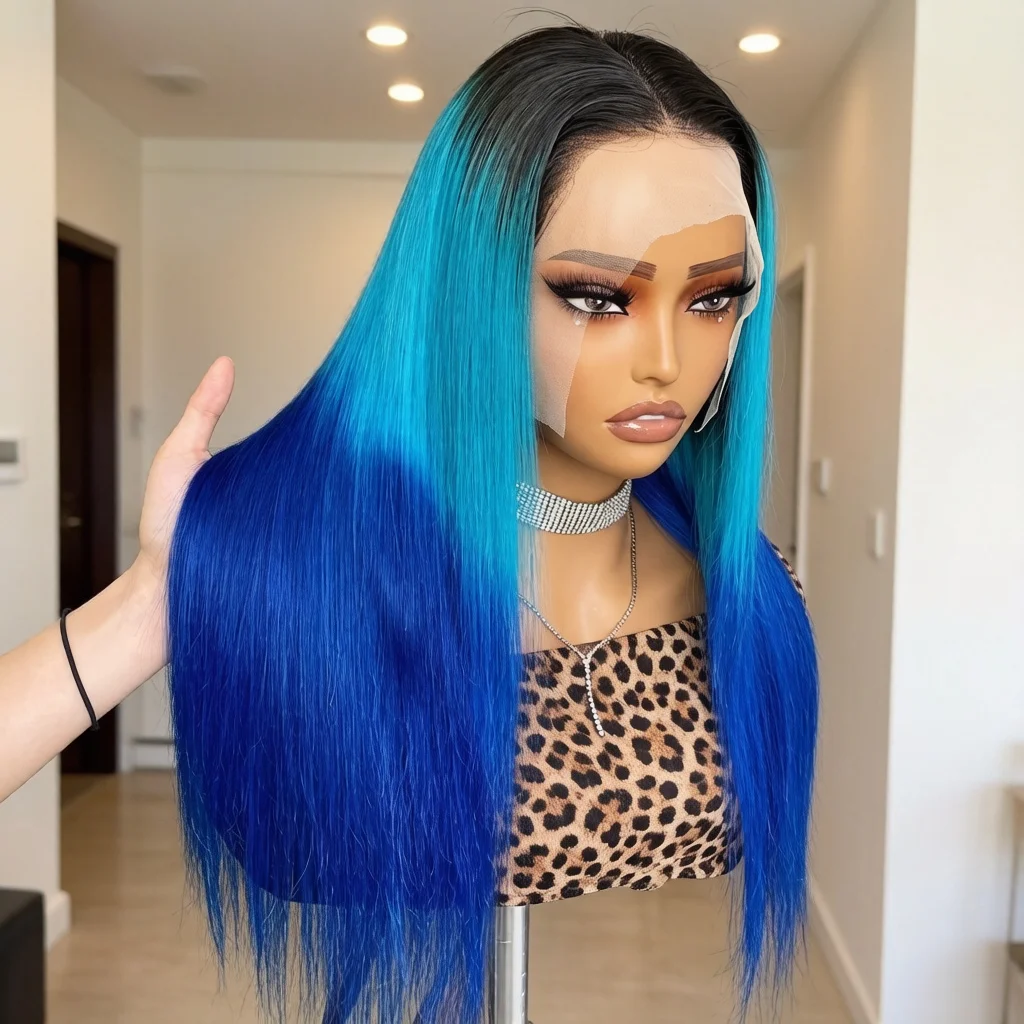 13x4 Lace Front Wig, 24 Inch Ombre Black to Bright Blue Straight Human Hair Wig, Pre Plucked Hairline for Daily Styling